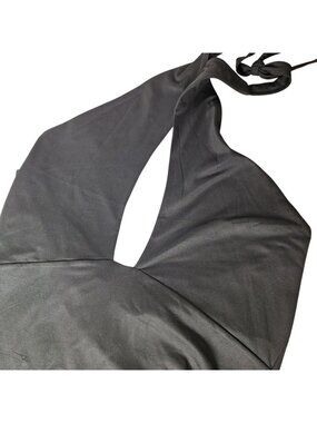 REORIA Plunge Deep Black V Neck Bodysuit Halter Backless Minimalist Sexy XL